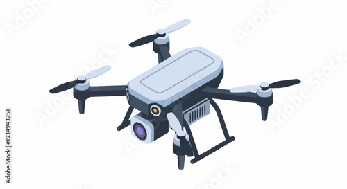 Modern drone with camera and propellers in flight.