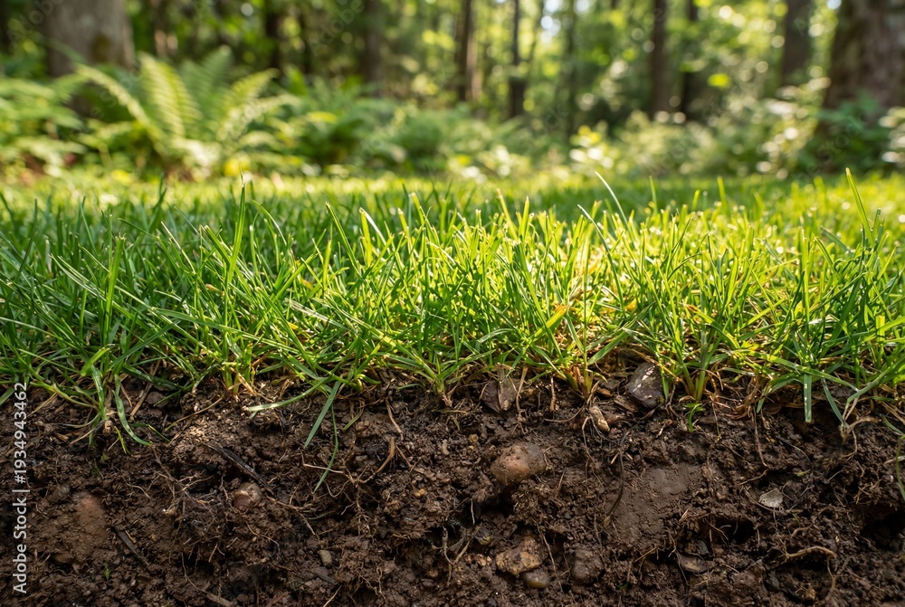 Fototapeta premium Cross section of vibrant green grass blades and deep brown soil with roots