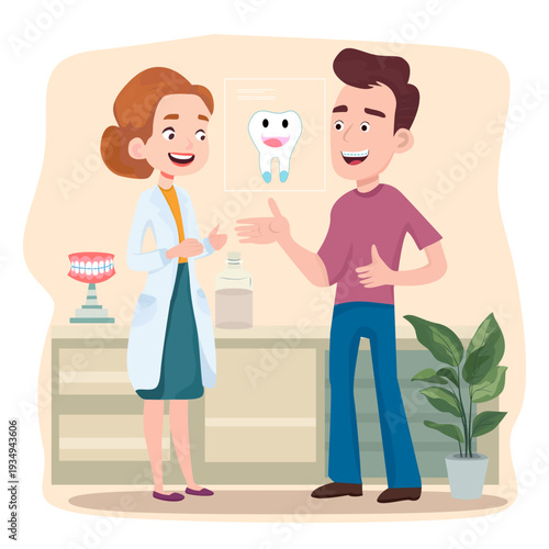 Dentist demonstrating dental structure using tooth model while explaining treatment to patient. Educational healthcare concept focused on oral hygiene, prevention, and clear com