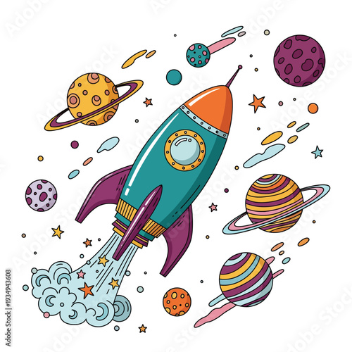Vibrant cartoon rocket ship blasting off into a colorful galaxy surrounded by whimsical planets and stars, perfect for children's illustrations and space-themed designs