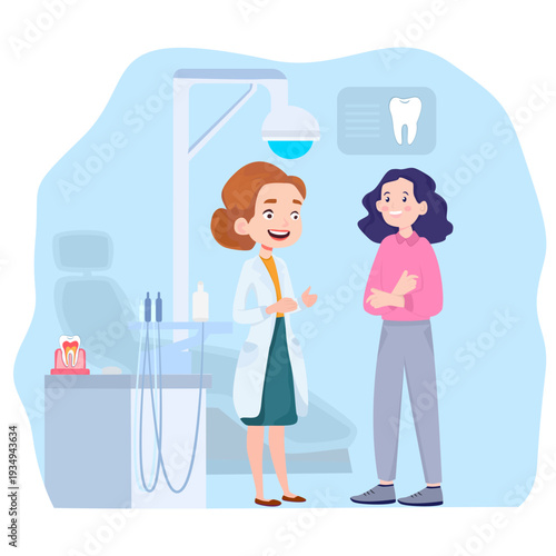 Dentist discussing oral health with patient in dental clinic. Friendly healthcare communication, preventive care, and professional consultation in clean modern environment.