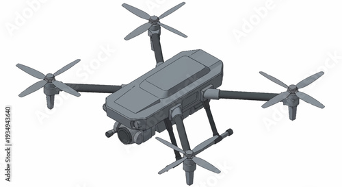 Gray drone with four propellers isolated on white background.