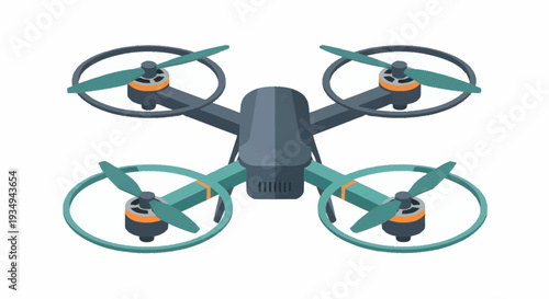 Quadcopter drone with four rotors and camera equipment.