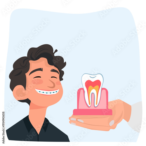 Happy patient smiling with healthy white teeth after dental care treatment. Oral hygiene, wellness, and successful dental service concept in modern healthcare environment.