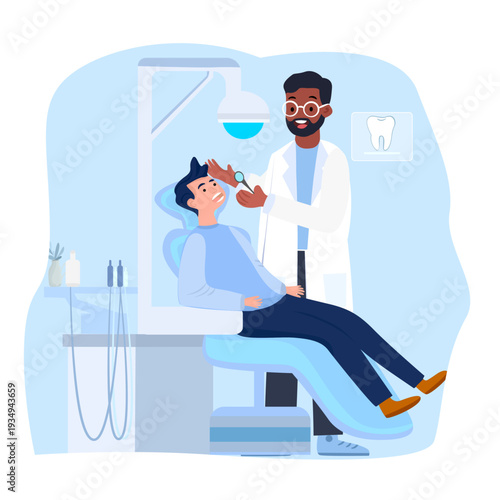 Dentist checking patient teeth in dental chair using professional tools. Concept of oral examination, hygiene, preventive care, and healthcare service in modern clinic environme