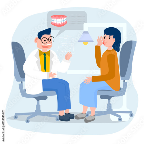 Dentist discussing dental issues and treatment options with patient in clinic setting. Focus on professional advice, oral care education, and preventive dentistry in