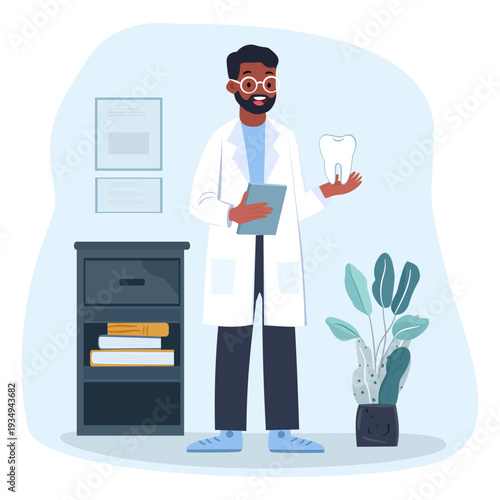 Confident dentist holding tooth model in modern clinic, representing professional dental care, oral hygiene awareness, and healthcare services with clean and friendly environment.