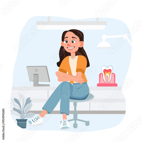 Female dentist sitting in dental clinic holding tooth model, representing professional healthcare, dental services, oral hygiene, and friendly medical environment for patient care