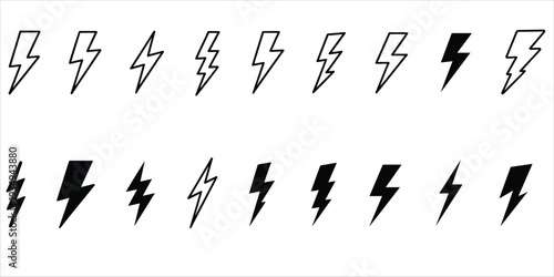 Numerous lightning bolt icons in two rows with outline and filled styles Keywords: lightning, bolt, electricity, power, energy