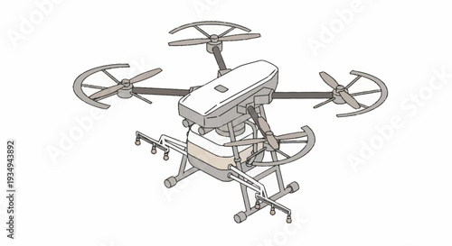Detailed technical illustration of a drone with visible mechanical components.