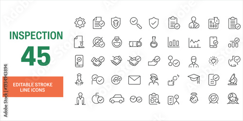 Inspection and quality control line icons set with checklist magnifying glass and handshake document