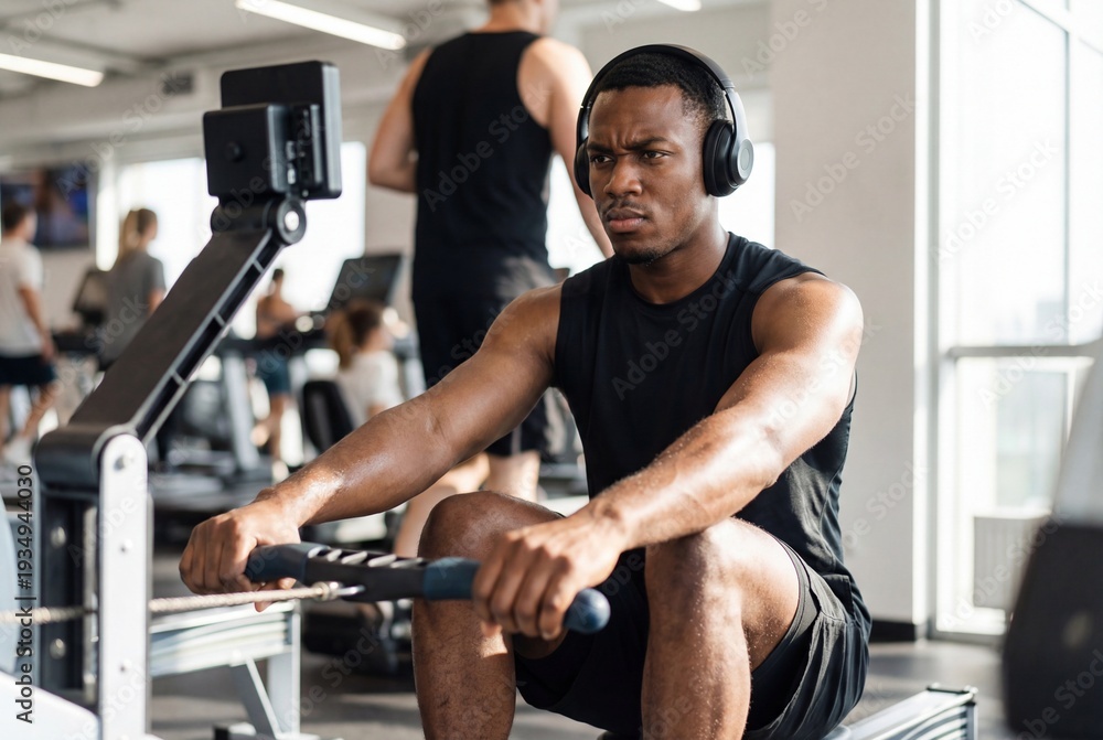 Fototapeta premium Man training on a rowing machine in a gym