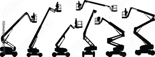 Articulated boom lift silhouettes collection, cherry picker aerial work platforms with operators in elevated positions isolated on white background vector illustration set