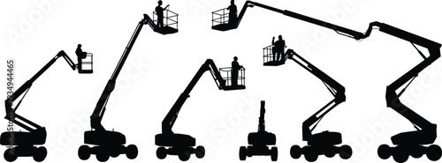 Boom lift and cherry picker silhouettes set, aerial work platform machines with operators in elevated working positions isolated on white background vector illustration