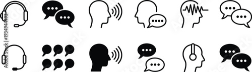 Collection of communication and audio icons including headphones and speech bubbles dialogue conversation