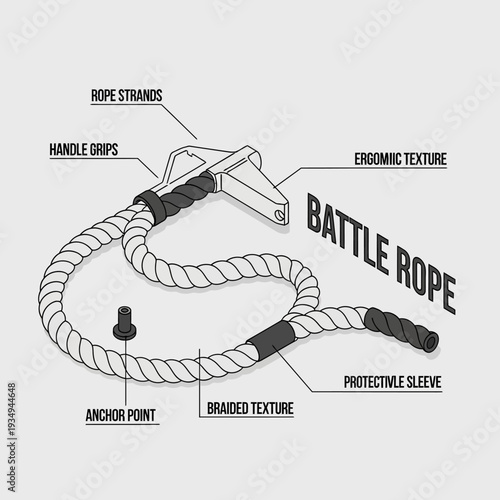 Detailed diagram of a battle rope with labeled parts and ergonomic design.