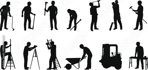 Construction and maintenance worker silhouettes set, professional builders with tools, ladder, wheelbarrow and machinery isolated on white background vector illustration