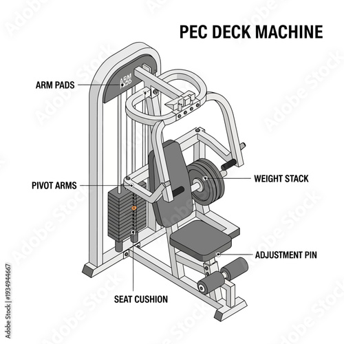 Detailed diagram of a PEC deck machine for chest exercises with labeled parts.