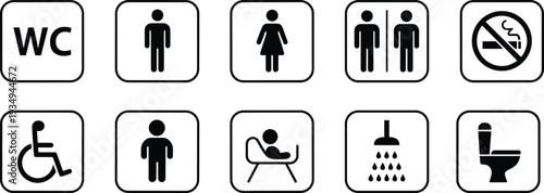 Collection of black and white restroom and facility symbols on white background toilet women