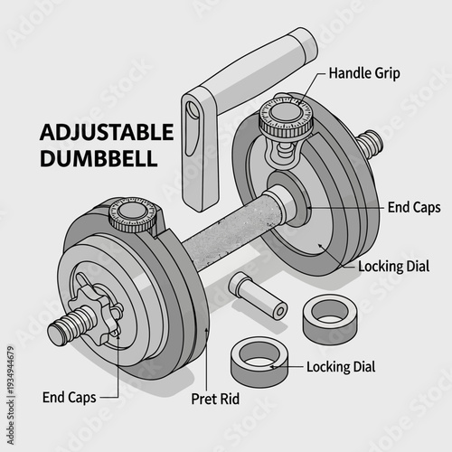 Detailed Diagram of Adjustable Dumbbell Components and Assembly.