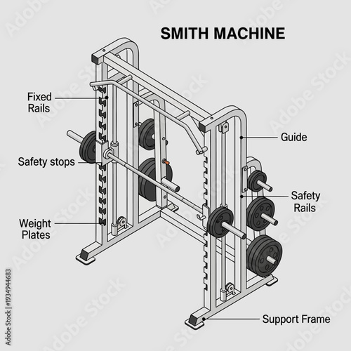 Detailed diagram of a Smith Machine with labeled components for weightlifting and fitness.