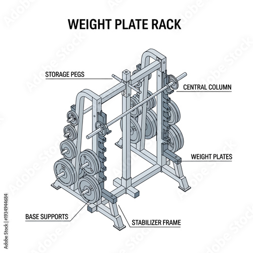 Detailed diagram of a weight plate rack with labeled components.