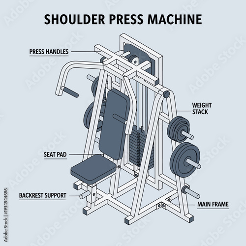 Detailed diagram of a shoulder press machine with labeled parts.