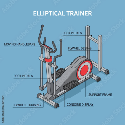 Detailed Diagram of Elliptical Trainer Machine with Labeled Components.