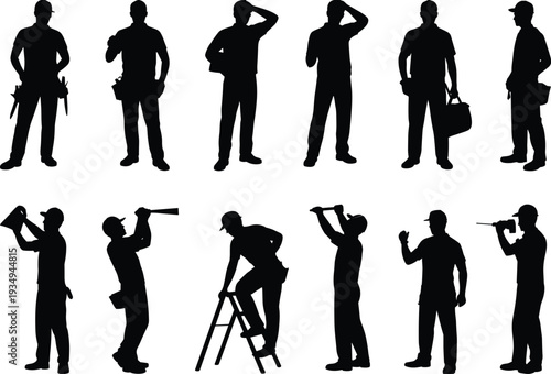 Construction worker silhouettes collection, professional builders performing tasks with tools and ladder isolated on white background, vector illustration for industrial workforce concept