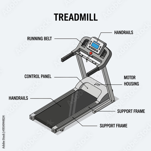 Detailed Diagram of a Treadmill with Labeled Components.