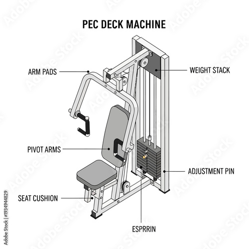 Detailed diagram of a pec deck machine with labeled parts for fitness and exercise.