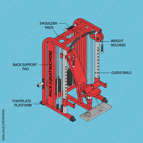 Red Back Squat Machine Gym Equipment with Labeled Parts.