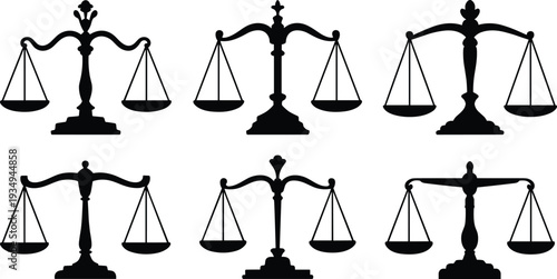 Balance scale silhouettes, justice symbol, fairness icon, legal illustration, court emblem, impartiality design, law concept, equality representation, judicial art, symbolic fairness