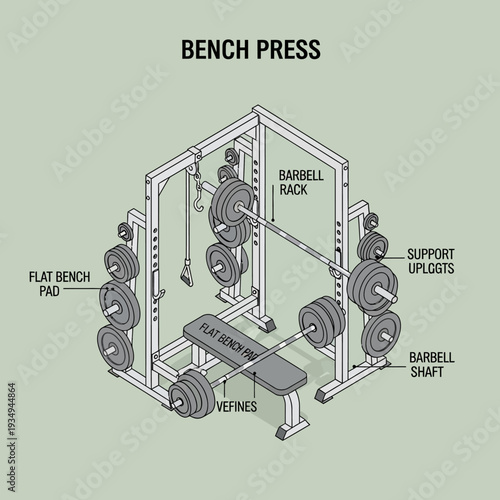 Detailed diagram of a bench press equipment with labeled parts.