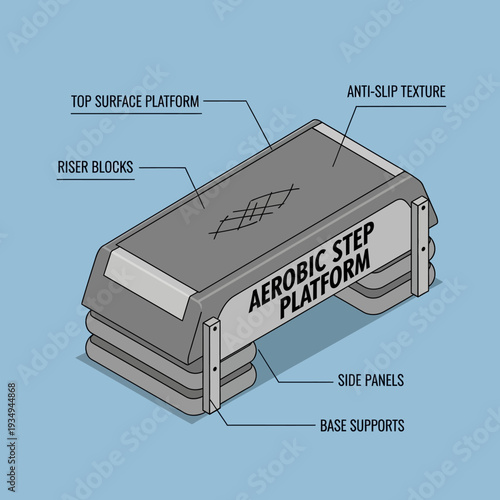 Detailed diagram of an aerobic step platform with labeled components.