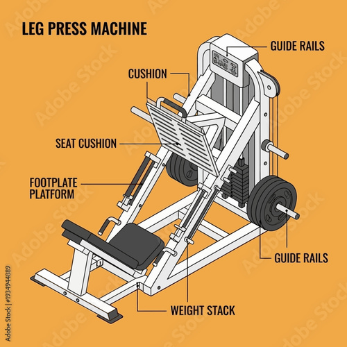 Detailed Diagram of Leg Press Machine with Labeled Components.