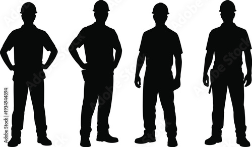 Construction worker silhouettes collection, professional builders wearing safety helmets standing in confident poses isolated on white background vector illustration