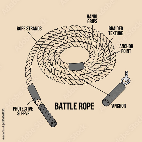 Detailed diagram of a battle rope with labeled parts and components.