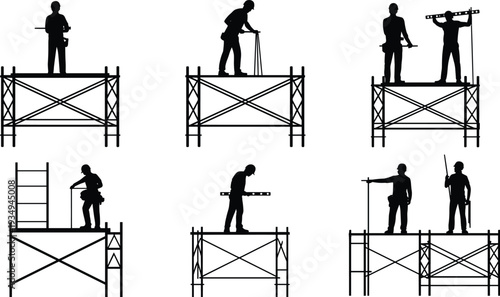 Construction worker silhouettes on scaffolding platforms, builders performing measurement and installation tasks isolated on white background, vector illustration for industrial construction concept