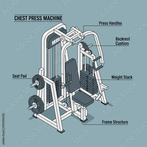 Detailed diagram of a chest press machine with labeled parts.