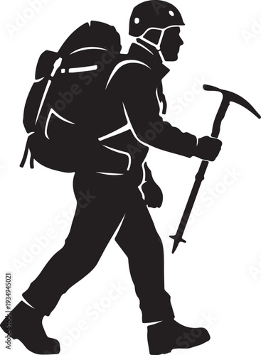 Silhouette of an adventurous mountain climber equipped with a backpack and an ice axe, ready to conquer challenging alpine terrains and explore the great outdoors