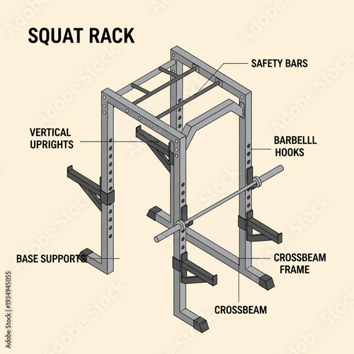Squat Rack Diagram with Labeled Components and Safety Features.
