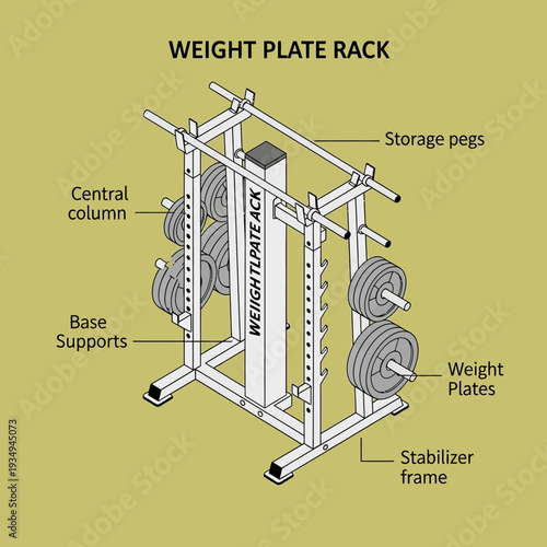 Detailed diagram of a weight plate rack with labeled components.