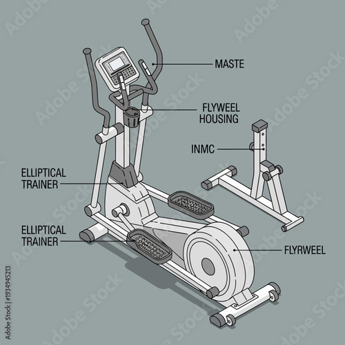 Detailed Diagram of an Elliptical Trainer Machine with Labeled Components.