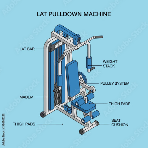 Detailed diagram of a lat pulldown machine with labeled parts.