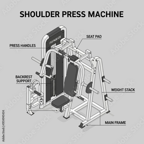 Shoulder Press Machine Gym Equipment Diagram with Labeled Parts.