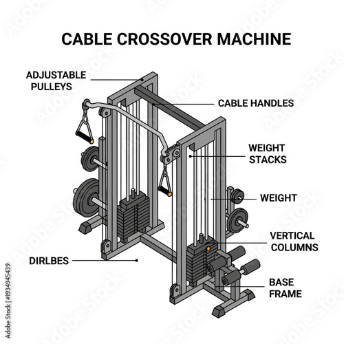 Detailed diagram of a cable crossover machine with labeled parts.