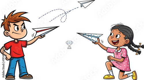 Cartoon children paper airplane competition, boy and girl playful contest with trophy, fun activity illustration showing creativity and friendly rivalry