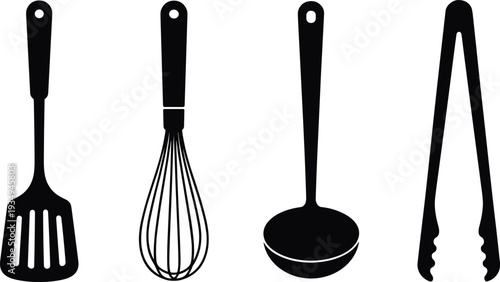 Kitchen utensils silhouette collection featuring spatula, whisk, ladle and tongs isolated on light background, cooking tools vector illustration for culinary and kitchen design