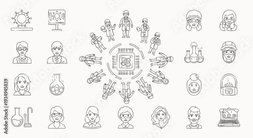 Comprehensive collection of science and technology line art icons, featuring diverse scientists, engineers, lab equipment, and digital innovation concepts for research and development.